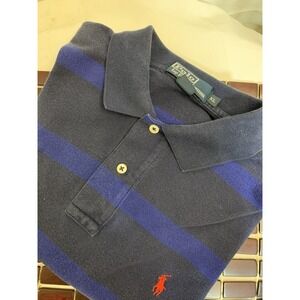 Ralph Lauren Men's Classic Blue Gray Striped Collar Polo Shirt XL Pony SS Cotton